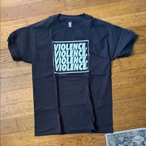 Black Graphic Short Sleeve Tee with Repeated "VIOLENCE" Print